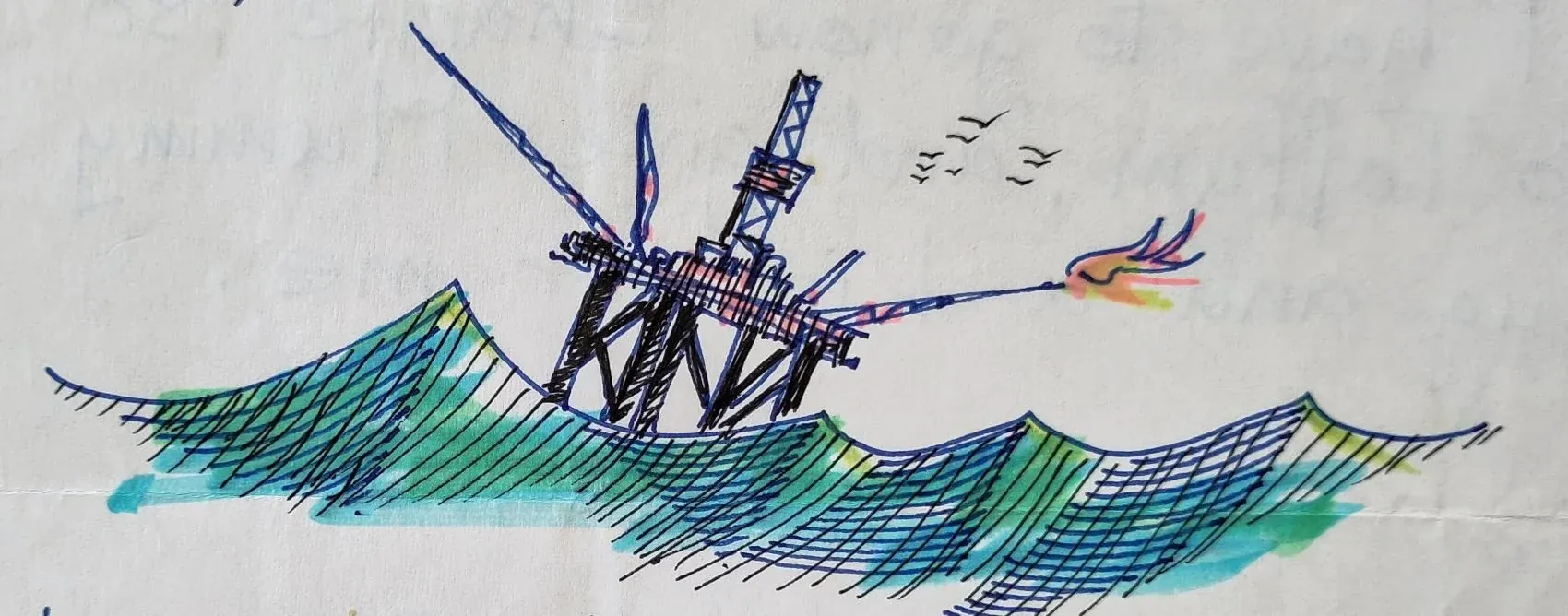 The Floating Rig, a Letter home illustration by Bruce Thomson