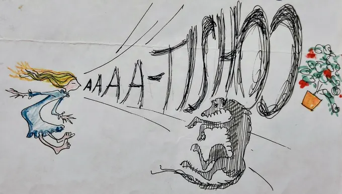 Aaaa-tishoo!, an illustration by Bruce Thomson of a child sneezing hard enough to blow the family deerhound off its feet
