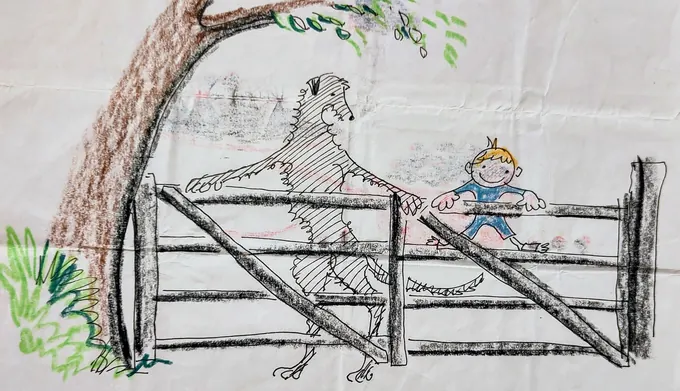 Charlie and the Deerhound, an illustration by Bruce Thomson of a small boy meeting a deerhound over a garden gate