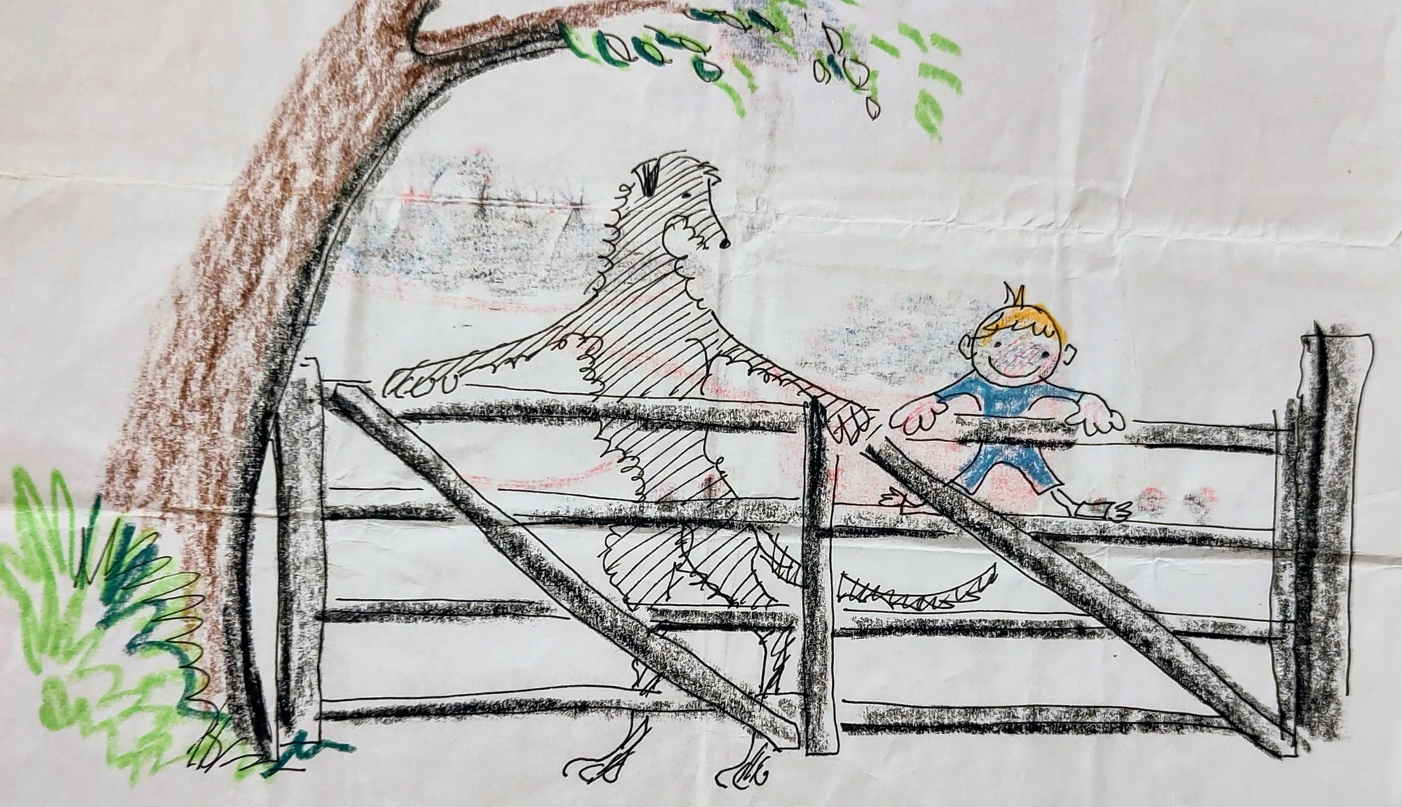 Charlie and the Deerhound, an illustration by Bruce Thomson of a small boy meeting a deerhound over a garden gate