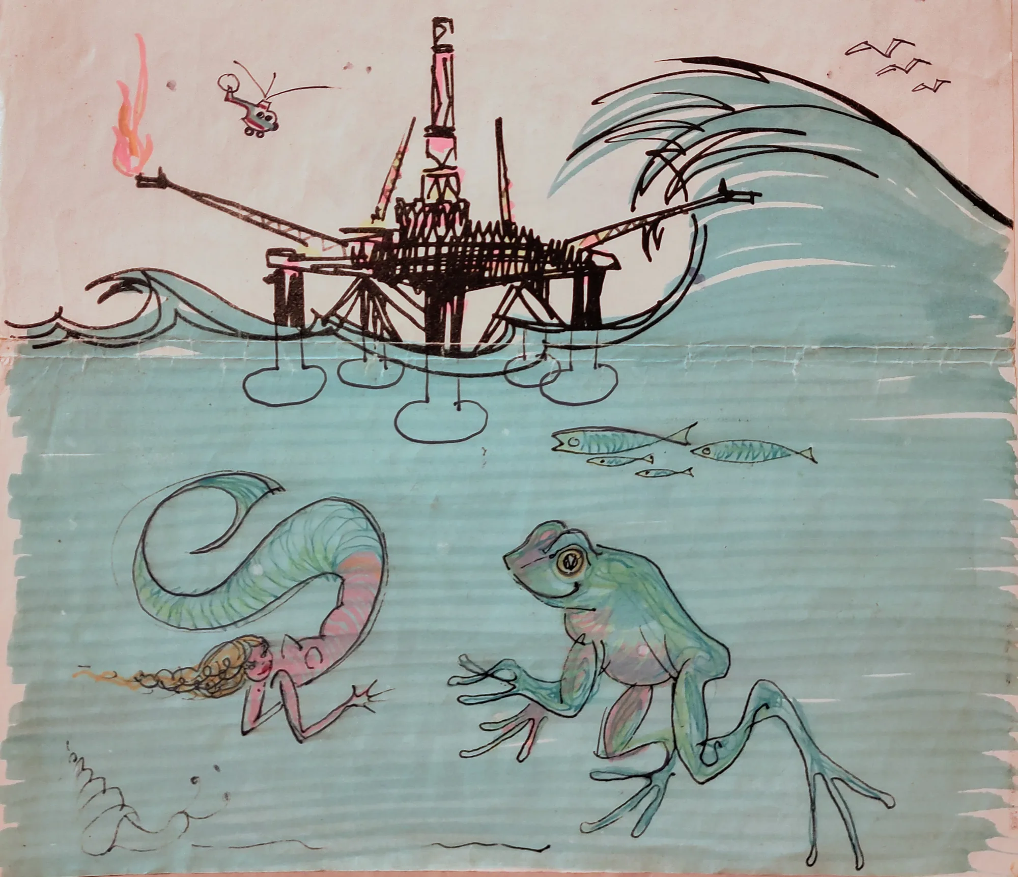 Creatures Beneath the Rig, Bruce Thomson's drawing of imagined sea creatures under the Buchan Alpha, from an illustrated letter home