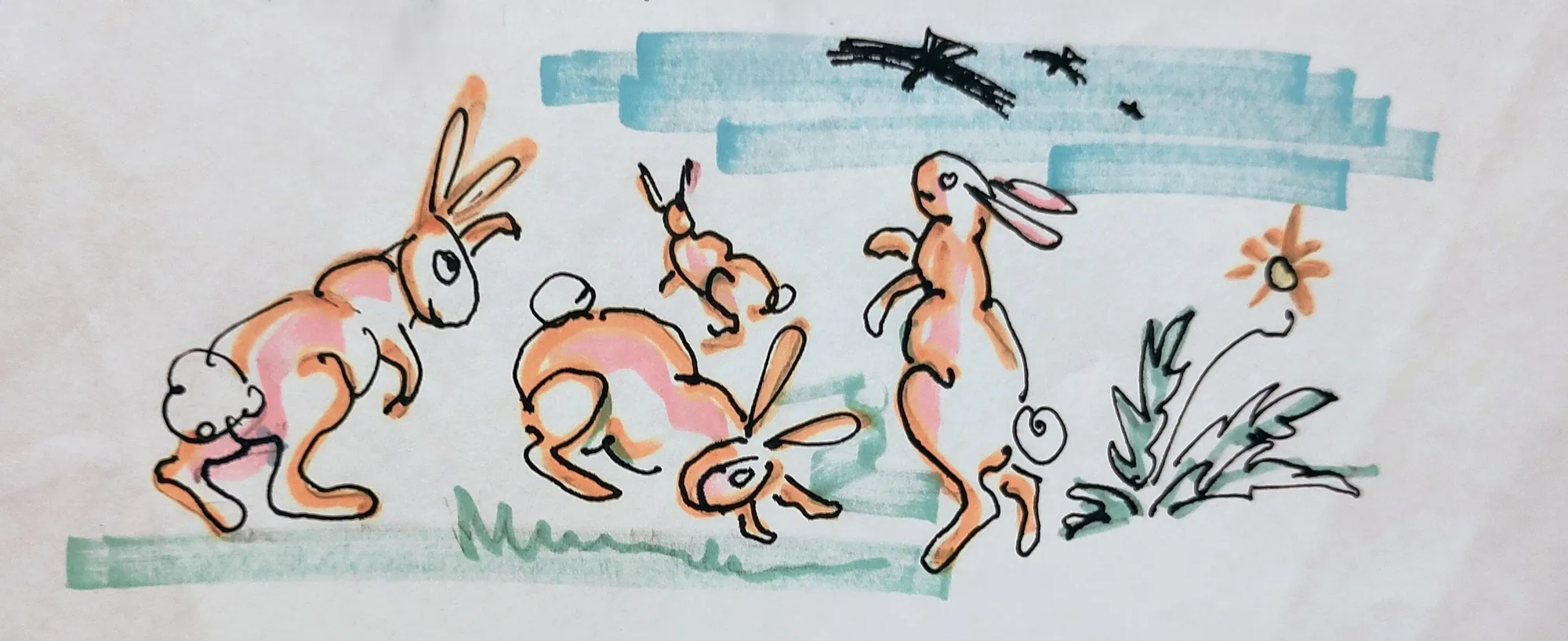 Rabbits and Buzzards, rabbits playing in the grass while buzzards circle above, from an illustrated letter home by Bruce Thomson