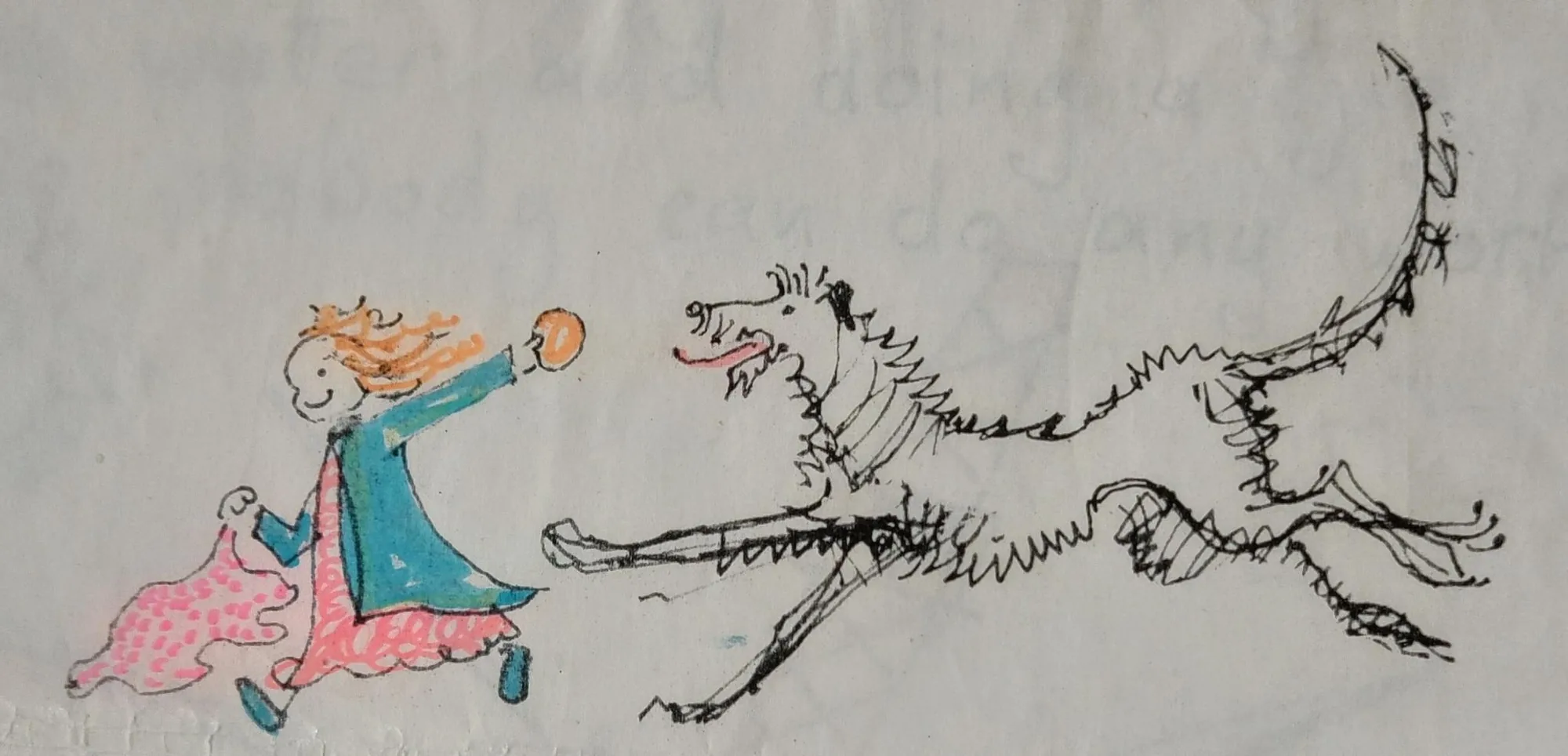 The Deerhound and the Biscuit, an illustration by Bruce Thomson of a child holding a biscuit out of reach of a leaping deerhound