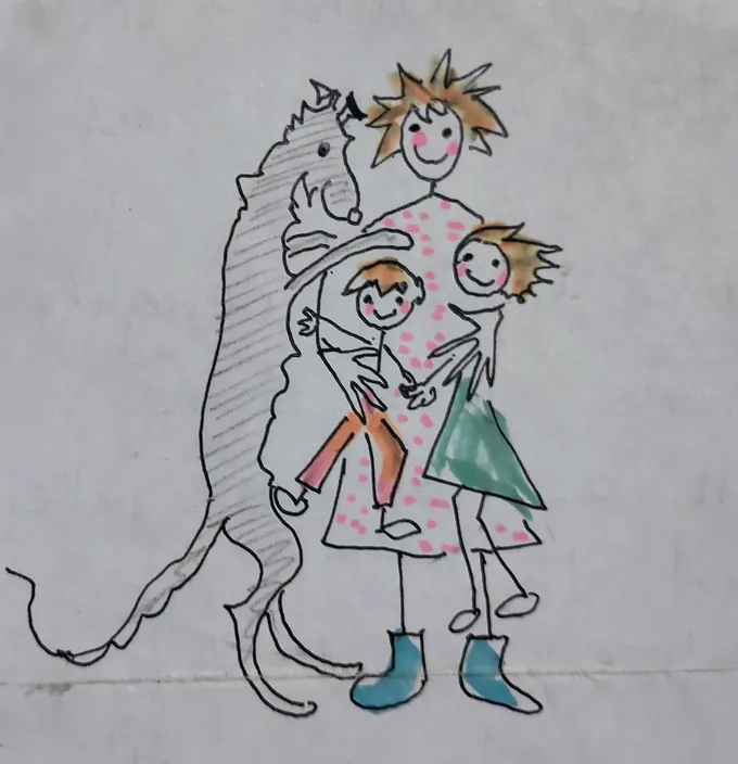 The Family at Home, an illustration by Bruce Thomson of a mother, two children and the family deerhound standing together