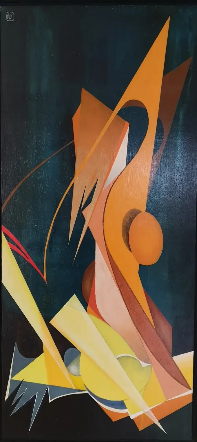 Flame Dance, an abstract oil painting by Bruce Thomson, blades of orange and yellow rising against dark green