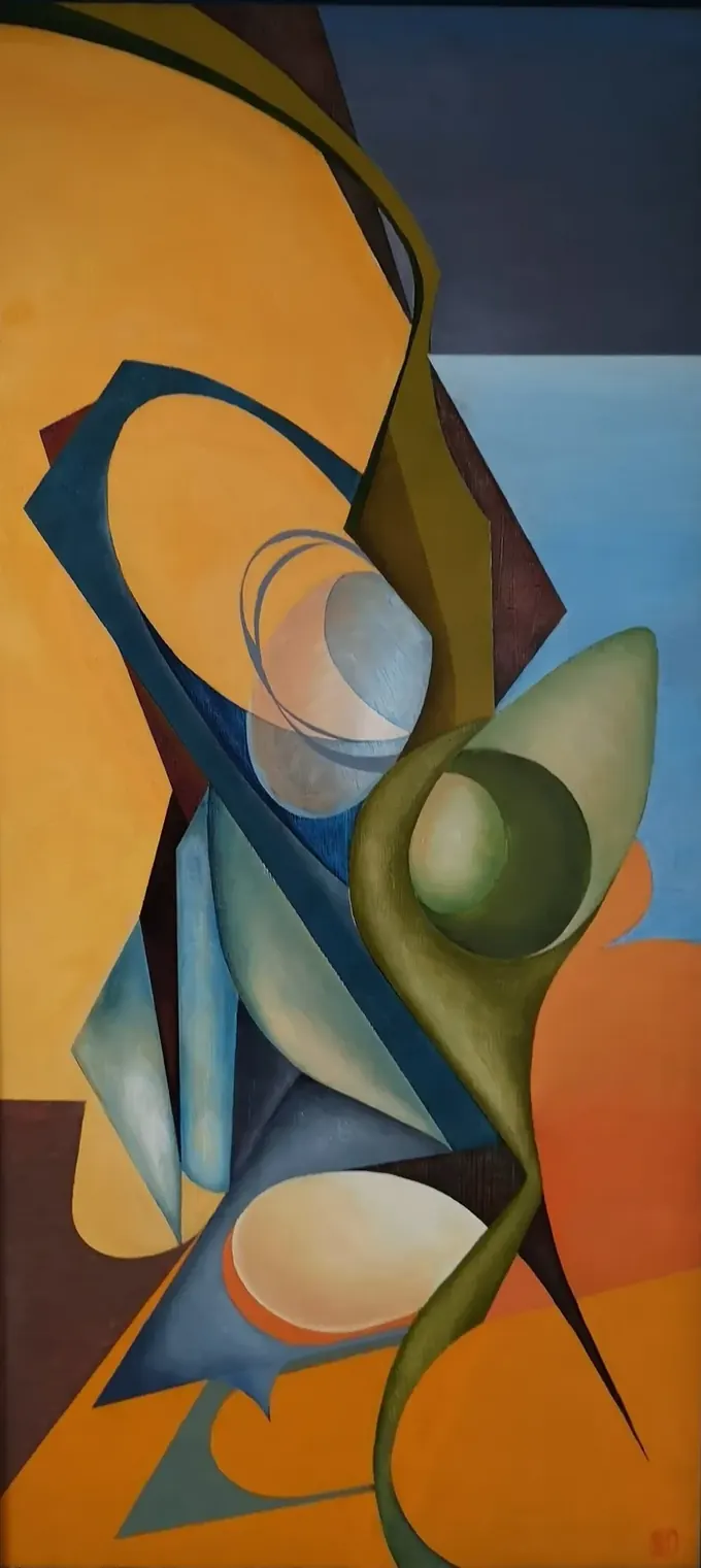 Earth's Embrace, an abstract oil painting by Bruce Thomson, planes of ochre, slate blue and olive around a pale sphere