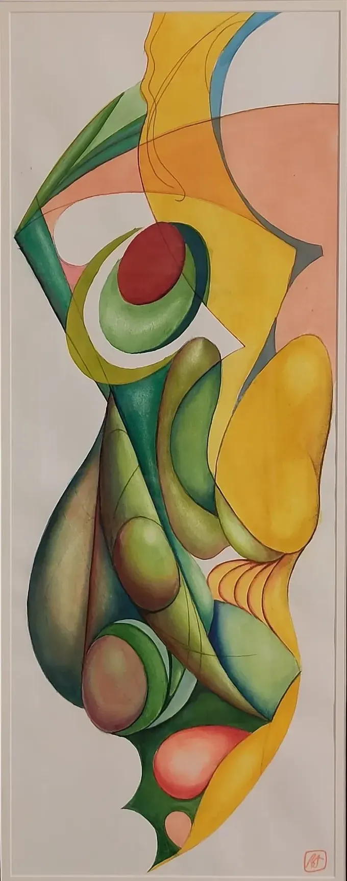 Metamorphosis, a mixed-media work by Bruce Thomson, pod and leaf forms in green, yellow and rose