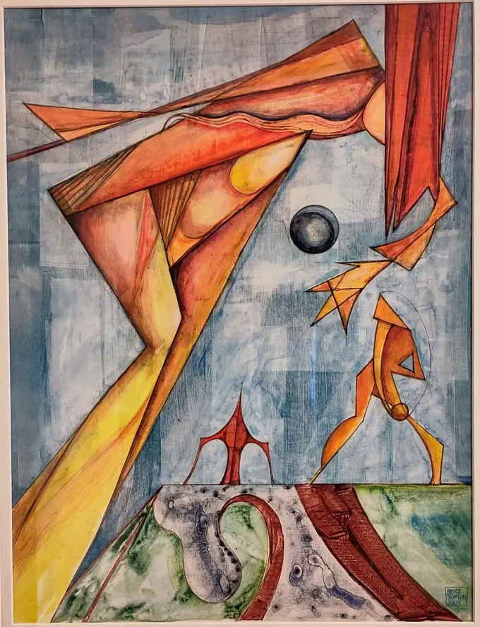 Volley, a mixed-media painting by Bruce Thomson, two angular figures facing each other across a blue field with a dark ball hanging between them