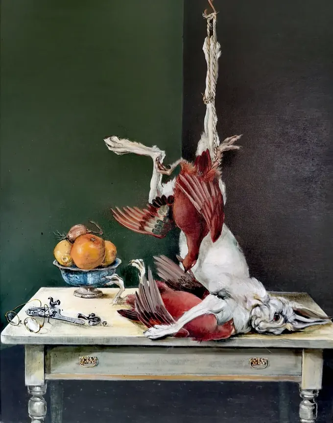 Nature's Offering, an oil still life by Bruce Thomson of a hare and game birds on a table with a bowl of fruit, a flintlock pistol and spectacles