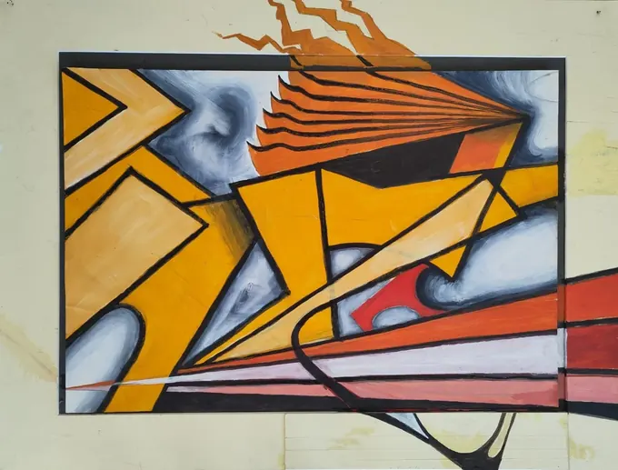 Velocity, a mixed-media work by Bruce Thomson, hard-edged yellow and orange planes driven across a grey ground