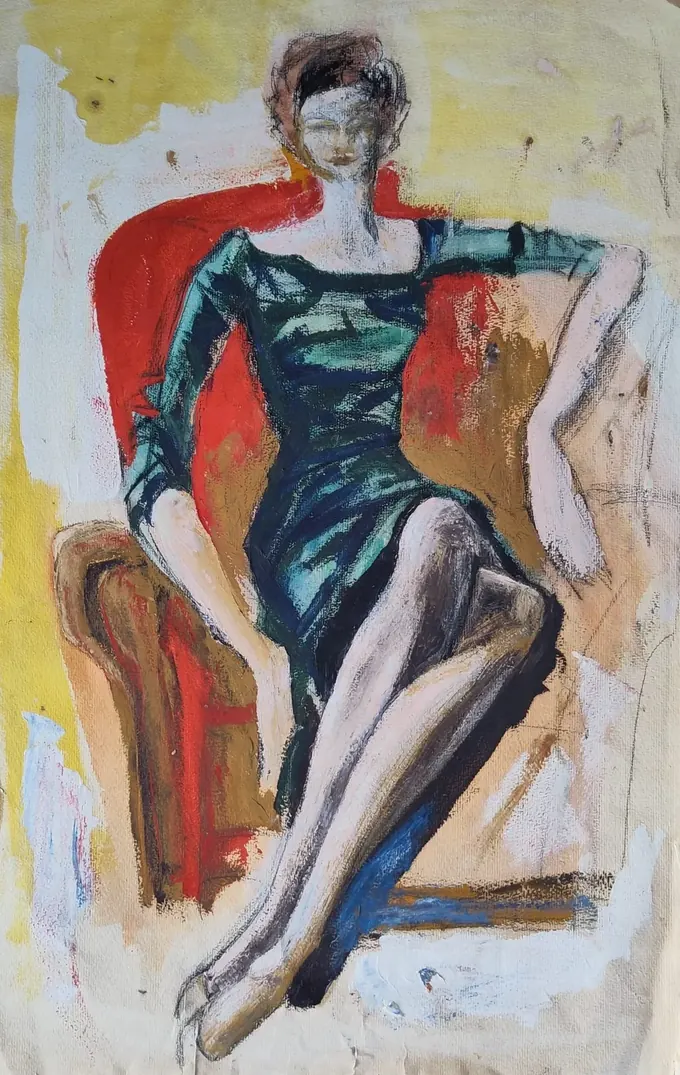 Woman, an oil painting by Bruce Thomson of a woman seated in a red armchair in a green dress