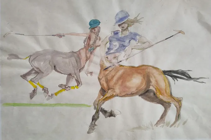 Centaurs Playing Polo, a watercolour by Bruce Thomson of two centaurs in polo helmets with mallets raised