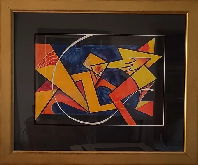 Firebird, an abstract oil painting by Bruce Thomson, angular forms in hot reds and yellows against deep blue with a bird rising from a white arc