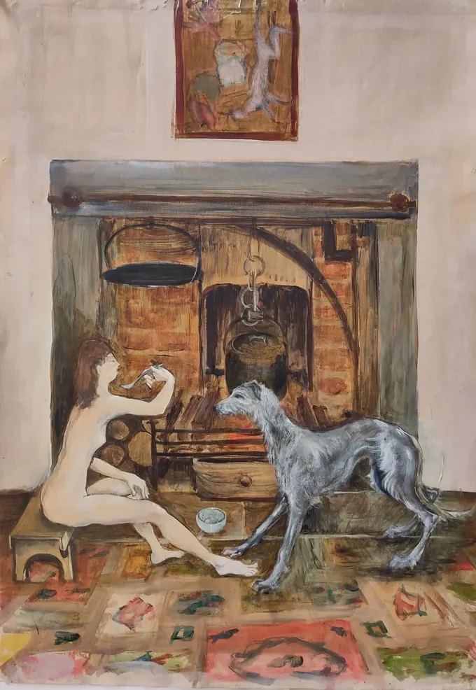 Woman with Deerhound, an oil painting by Bruce Thomson of a woman kneeling at an open hearth with a deerhound standing over her