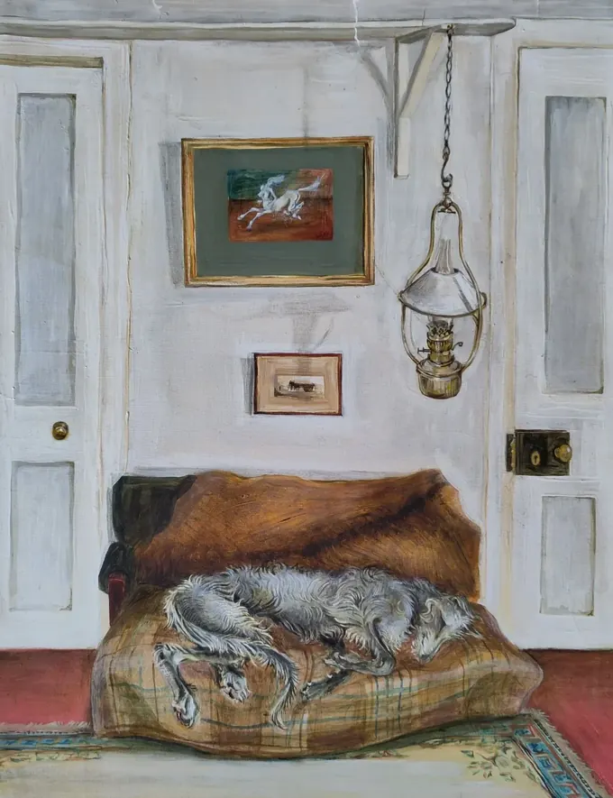 Deerhound on Sofa, an oil painting by Bruce Thomson of a deerhound asleep on a rug-covered sofa beneath a hanging oil lamp