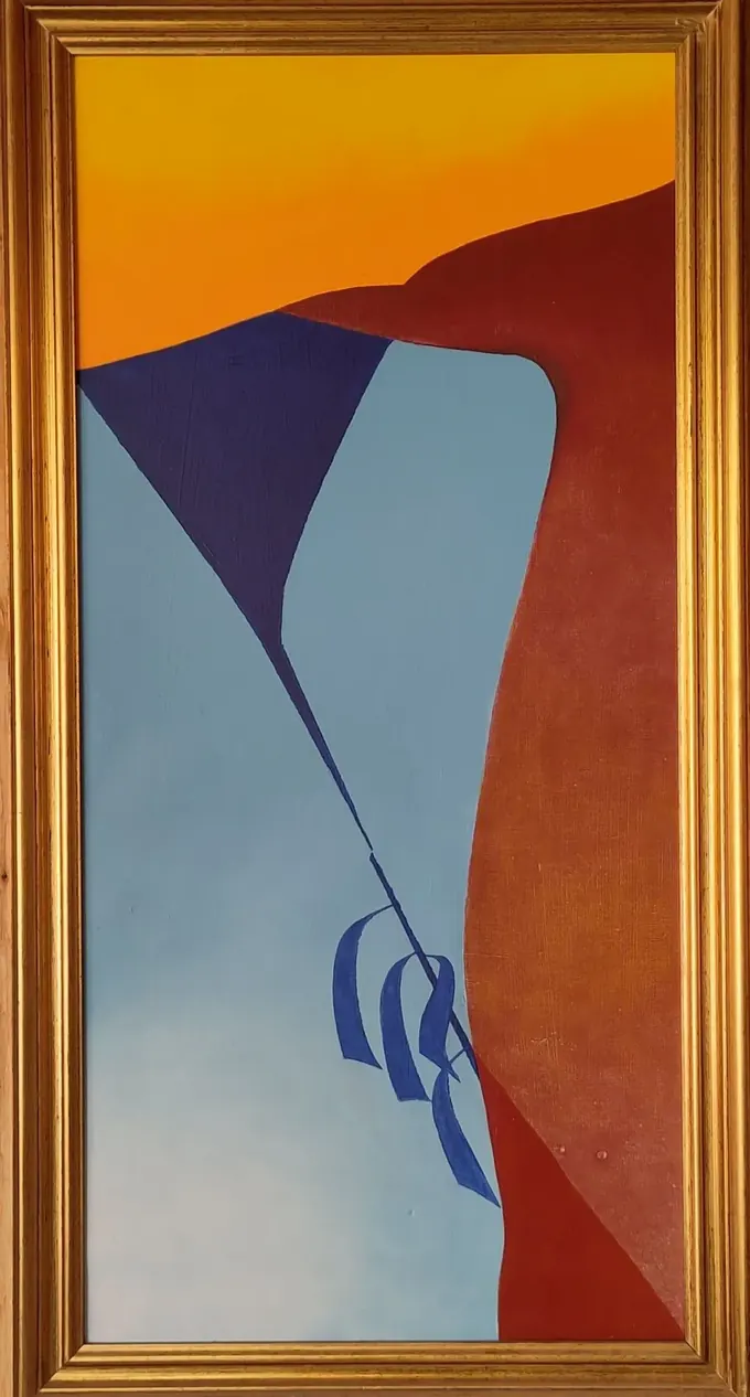 Windward, an abstract oil painting by Bruce Thomson, a blue pennant furling on its pole against a warm sunset sky