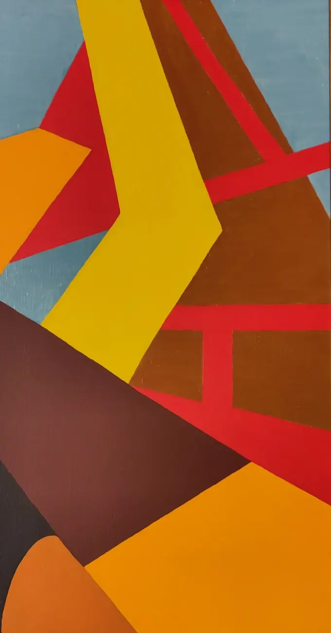 Derrick, a hard-edged abstract oil painting by Bruce Thomson, flat planes crossed by a framework of red girders