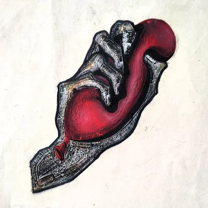 Ballon Rouge, a mixed-media work by Bruce Thomson, a red form held inside a silvered hatched shell